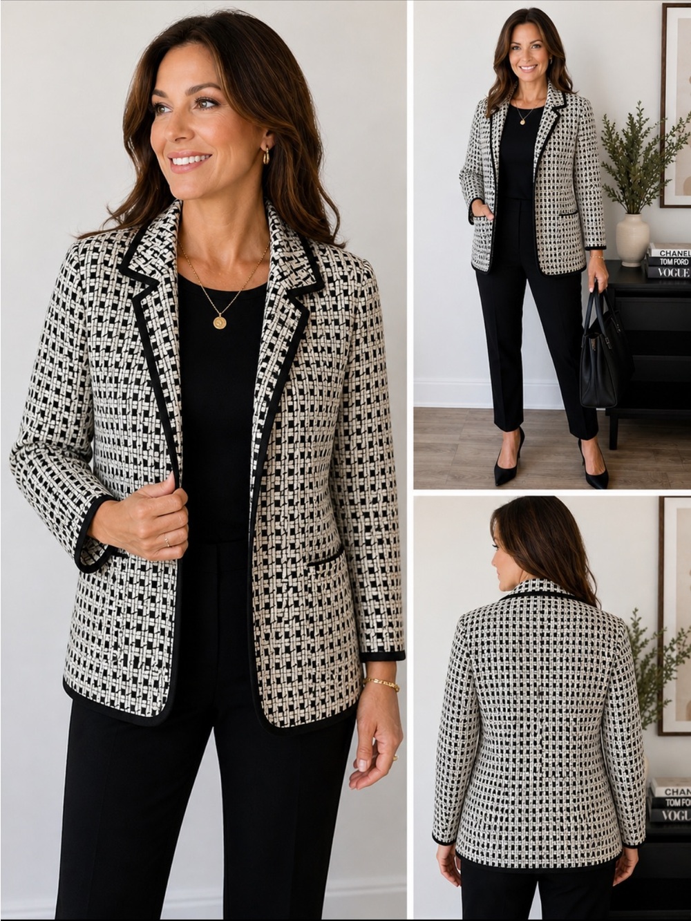 Nina McLemore Black & Ivory Textured Jacquard Blazer Jacket Size 14 USA